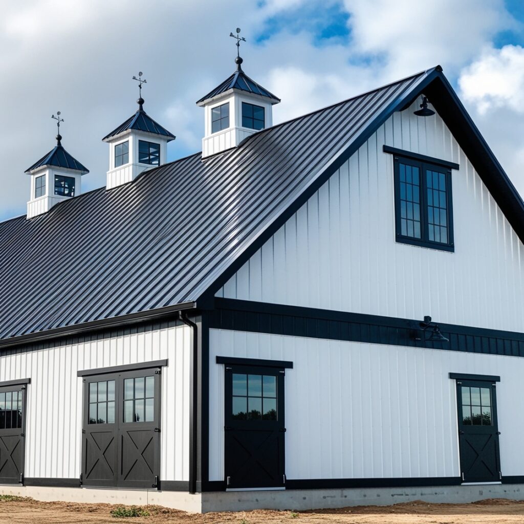 White Barndominiums with Striking Black Trim: 12 Bold & Beautiful Designs 4 Black barndominium with white trim exterior