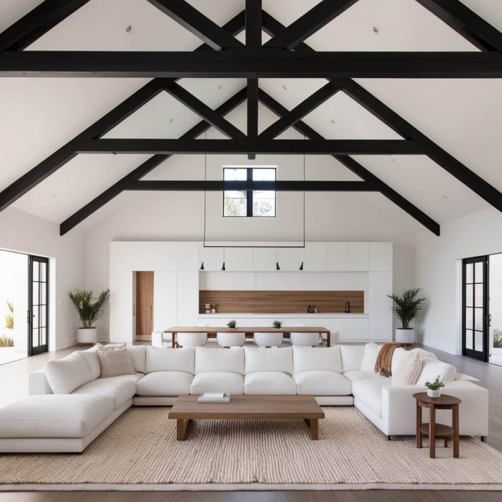 White Barndominiums with Striking Black Trim: 12 Bold & Beautiful Designs 6 Black ceiling beams used as bold trim accents in a modern white barndominium living room
