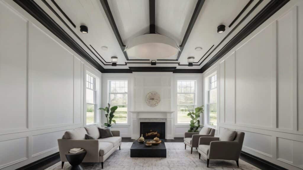 White Barndominiums with Striking Black Trim: 12 Bold & Beautiful Designs 10 Black crown molding in white barndominium room