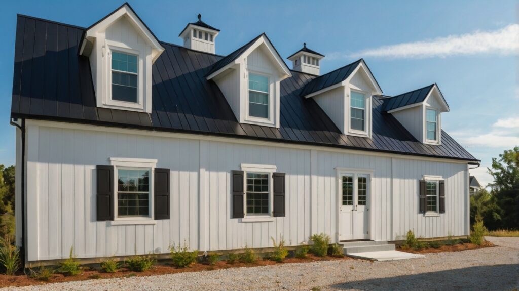 White Barndominiums with Striking Black Trim: 12 Bold & Beautiful Designs 9 White barndominium with black trim on dormer windows