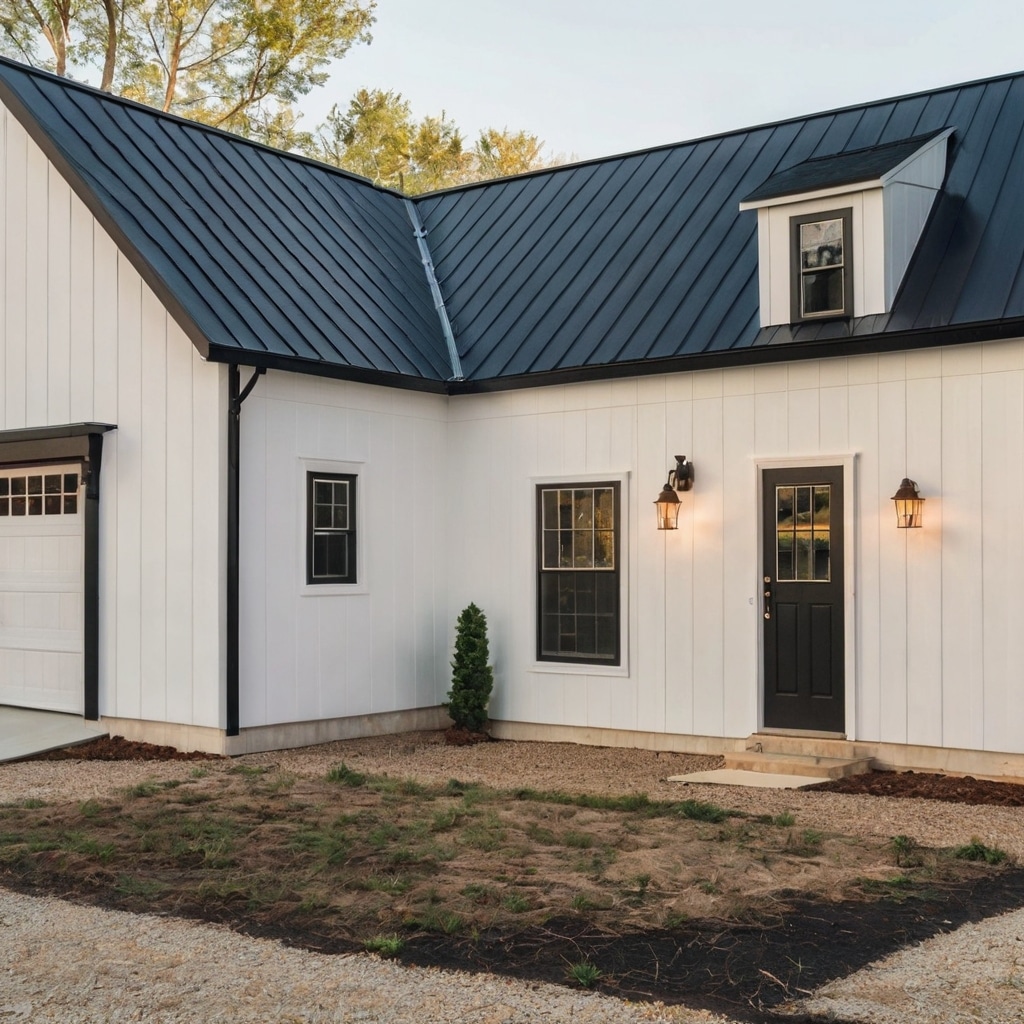 White Barndominiums with Striking Black Trim: 12 Bold & Beautiful Designs 8 White barndominium with black trim around garage doors