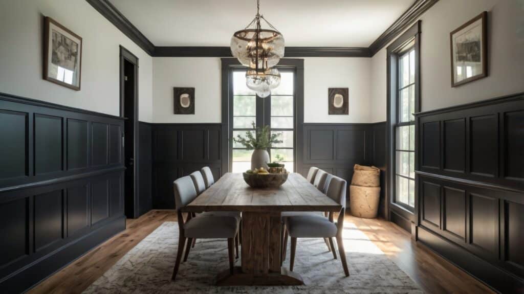 White Barndominiums with Striking Black Trim: 12 Bold & Beautiful Designs 11 White walls with black wainscoting in barndominium interior