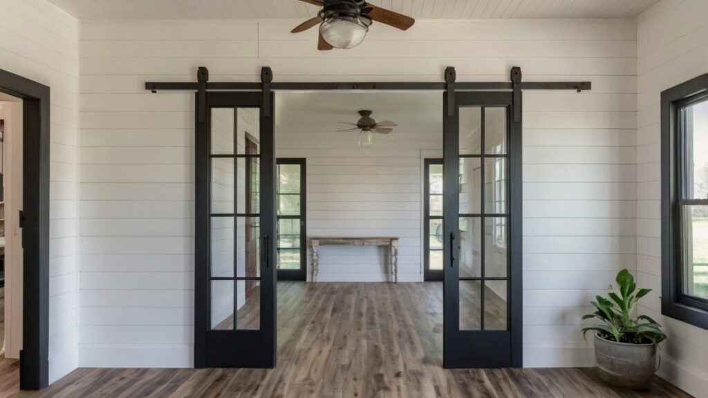 White Barndominiums with Striking Black Trim: 12 Bold & Beautiful Designs 13 white shiplap black door frames barndominium